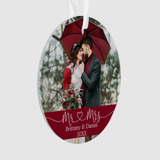 Calligrafie Heart Mr. en Mrs Wedding Burgundy Ornament (voorkant)