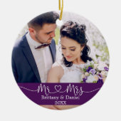 Calligrafie Heart Mr. en Mrs Wedding Paars Keramisch Ornament (Voorkant)