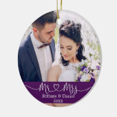 Calligrafie Heart Mr. en Mrs Wedding Paars Keramisch Ornament (Links)