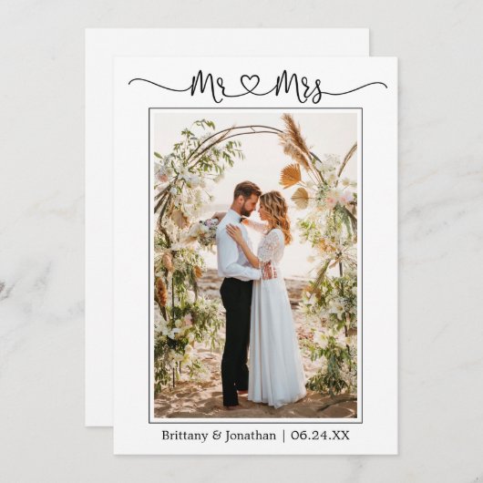 Calligrafie Heart Mr. en Mrs Wedding Photo Bedankkaart (Voorkant / Achterkant)