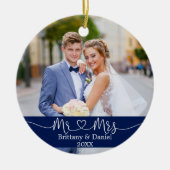 Calligrafie Heart Mr. en Mrs Wedding Photo Blue Keramisch Ornament (Voorkant)