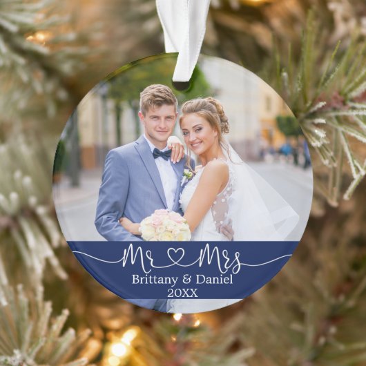 Calligrafie Heart Mr. en Mrs Wedding Photo Blue Ornament (Boom)