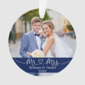 Calligrafie Heart Mr. en Mrs Wedding Photo Blue Ornament (voorkant)