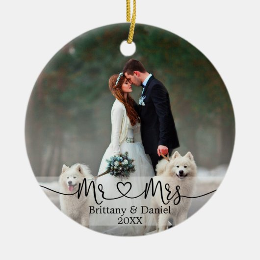 Calligrafie Heart Mr. en Mrs Wedding Photo Keramisch Ornament (Voorkant)