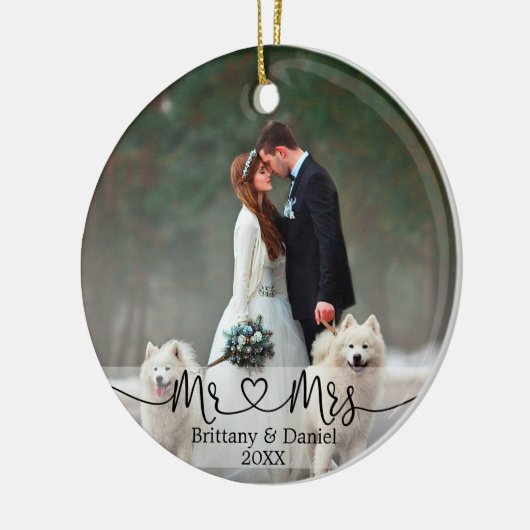 Calligrafie Heart Mr. en Mrs Wedding Photo Keramisch Ornament (Links)