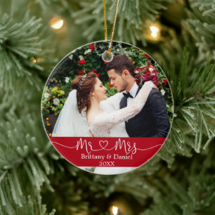 Calligrafie Heart Mr. en Mrs Wedding Photo Red Keramisch Ornament