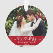 Calligrafie Heart Mr. en Mrs Wedding Photo Red Ornament (voorkant)