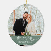 Calligrafie Heart Mr. en Mrs Wedding Sage Green Keramisch Ornament (Links)