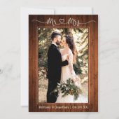 Calligrafie Heart Mr. en Mrs Wood Wedding Photo Bedankkaart (Voorkant)