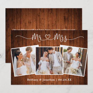 Calligrafie Heart Mr Mrs Wedding 3 Foto Wood Bedankkaart