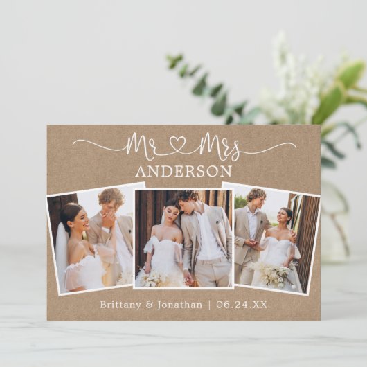 Calligrafie Heart Mr Mrs Wedding 3 Photos Kraft Bedankkaart (Staand voorkant)