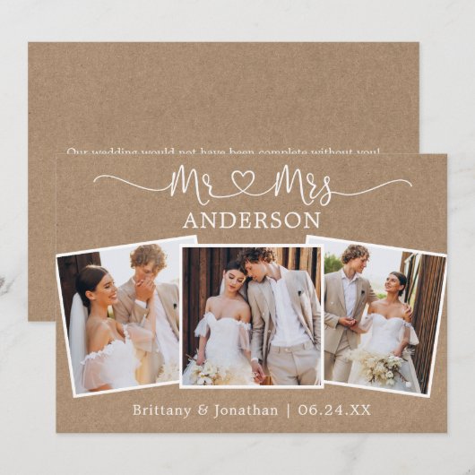 Calligrafie Heart Mr Mrs Wedding 3 Photos Kraft Bedankkaart (Voorkant / Achterkant)