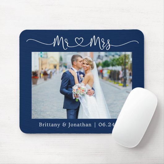 Calligrafie Heart Mr Mrs Wedding Navy Blue Muismat (Met muis)