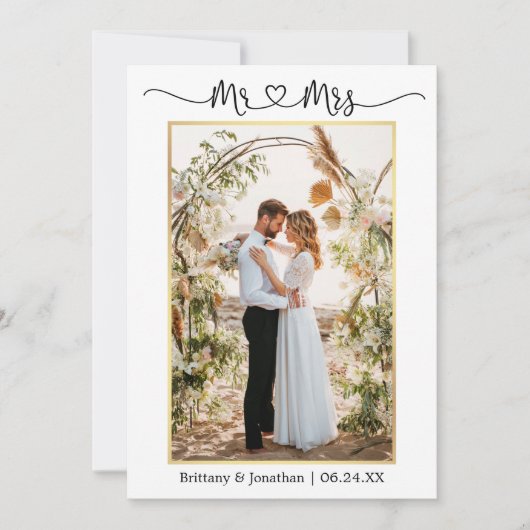 Calligrafie Heart Mr Mrs Wedding Photo Gold Bedankkaart (Voorkant)