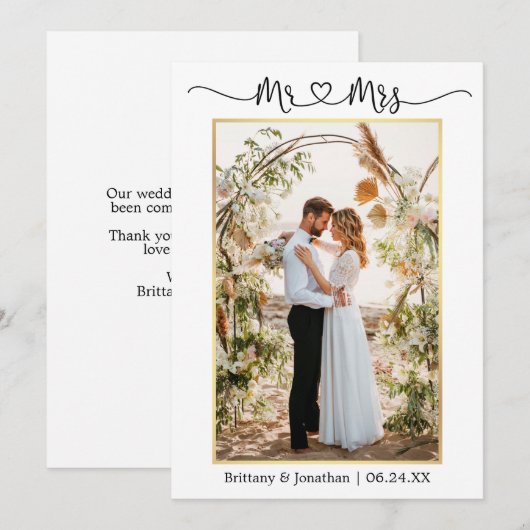 Calligrafie Heart Mr Mrs Wedding Photo Gold Bedankkaart (Voorkant / Achterkant)