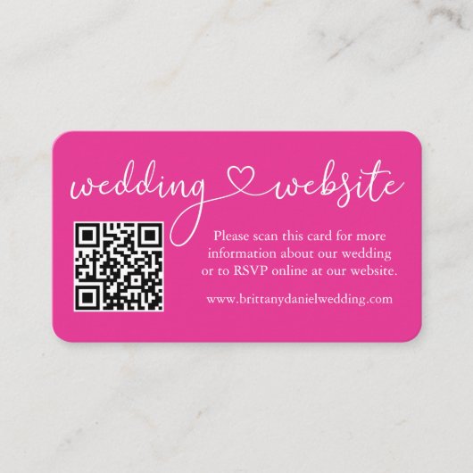 Calligrafie Heart Weddenschap Website QR Hot Pink Informatiekaartje (Voorkant)