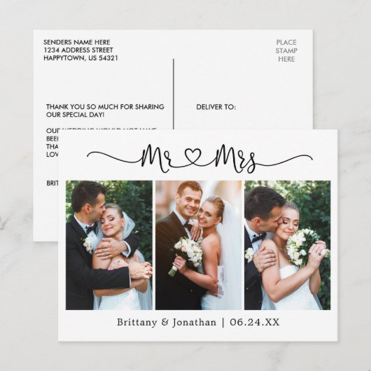 Calligrafie Heart Wedding 3 Foto Dank je Briefkaart (Voorkant / Achterkant)