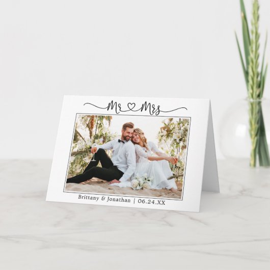 Calligrafie Heart Wedding Mr en Mrs Photo Fold Bedankkaart (Voorkant)
