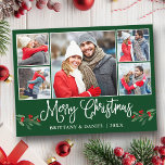 Calligrafie Holly 5 Foto Couple Kerstgroen Briefkaart<br><div class="desc">Modern Fun Calligraphy Script 5 Photo Couple Photo Collage Merry Kerstmis Briefkaart omvat Waterverf kerst Holly Berries - Forest Green Background</div>