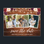 Calligrafie-hout Bourgundy Floral sparen de datum Briefkaart<br><div class="desc">Moderne kalligrafiescript,  Rustic Wood en Koord Lichten,  Waterverf Burgundy Floral sparen de Aankondiging van het Verloving van de Datum Briefkaart 3</div>