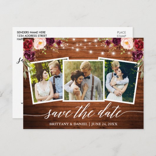 Calligrafie-hout Bourgundy Floral sparen de datum Briefkaart (Voorkant / Achterkant)