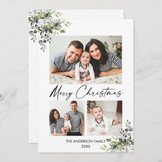Calligrafie Ink Script Greenery 3 Fotokerstmis Feestdagenkaart (Voorkant / Achterkant)