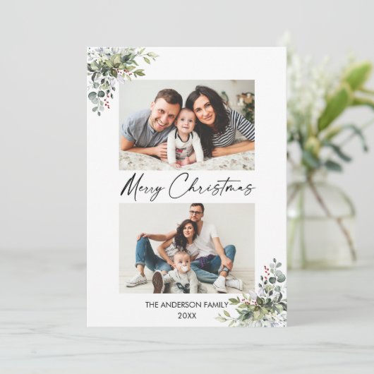 Calligrafie Ink Script Greenery Berries 2 Foto Feestdagenkaart (Staand voorkant)