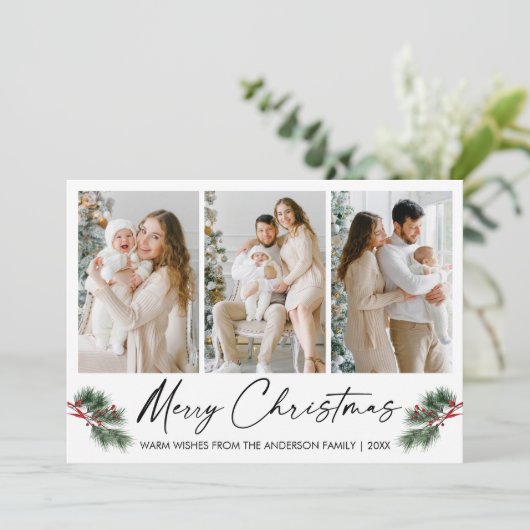 Calligrafie Inkt Pen Waterverf Pijn Berries Foto Feestdagenkaart (Staand voorkant)