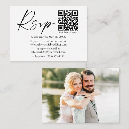 Calligrafie-inkt QR-fotobruiloft RSVP Informatiekaartje (Voorkant / Achterkant)