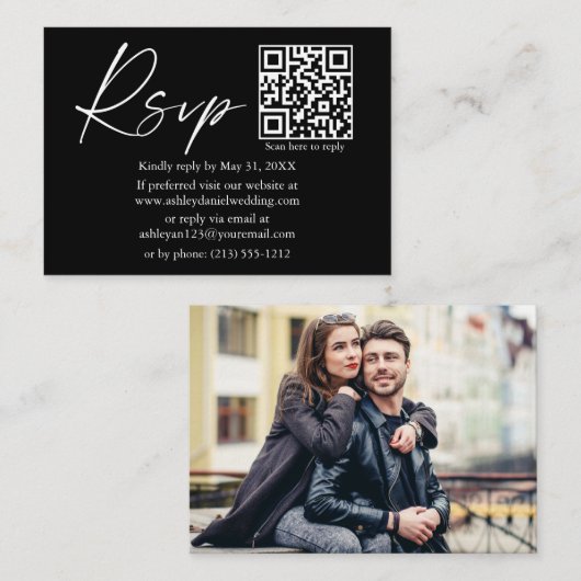 Calligrafie-inkt QR-fotobruiloft zwart RSVP Informatiekaartje (Voorkant / Achterkant)