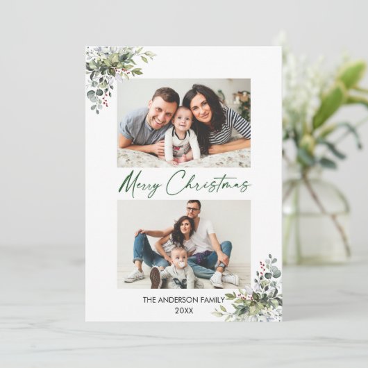 Calligrafie inkt Script 2 Foto Greenery Berries Feestdagenkaart (Staand voorkant)