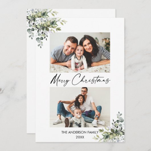 Calligrafie inkt Script Greenery 2-fotokerstmis Feestdagenkaart (Voorkant / Achterkant)