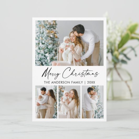 Calligrafie inkt script Merry kerst 4 Foto Feestdagenkaart (Staand voorkant)