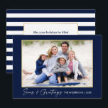 Calligrafie Inkt Zeeen en Goudblauw Feestdagenkaart<br><div class="desc">Moderne minimalistische elegancering Calligrafie Ink Pen Handgeschreven script Zeeen & groet Foto Gold Lijst Holiday Card - Navy Blue & White Stripes</div>