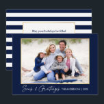 Calligrafie Inkt Zeeen en Goudblauw Feestdagenkaart<br><div class="desc">Moderne minimalistische elegancering Calligrafie Ink Pen Handgeschreven script Zeeen & groet Foto Gold Lijst Holiday Card - Navy Blue & White Stripes</div>