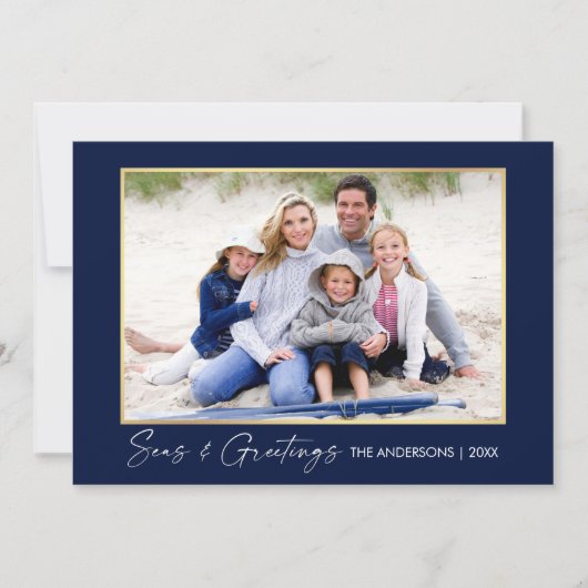 Calligrafie Inkt Zeeen en Goudblauw Feestdagenkaart (Voorkant)