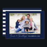 Calligrafie Inkt Zeeen en Goudblauw Feestdagenkaart<br><div class="desc">Moderne minimalistische elegancering Calligrafie Ink Pen Handgeschreven script Zeeen & groet Foto Gold Lijst Holiday Card - Navy Blue & White Stripes</div>