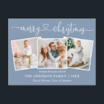 Calligrafie Kerst 3 Foto Dusty Blue Briefkaart<br><div class="desc">Modern Calligrafiesultaat Merry Kerstmis 3 Fotovakantie Briefkaart - Dusty Blue</div>