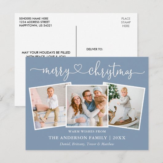 Calligrafie Kerst 3 Foto Dusty Blue Briefkaart (Voorkant / Achterkant)