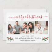 Calligrafie Kerst 3 Foto Red Holly Feestdagenkaart (Voorkant)