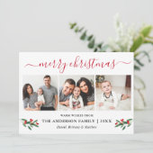 Calligrafie Kerst 3 Foto Red Holly Feestdagenkaart (Staand voorkant)