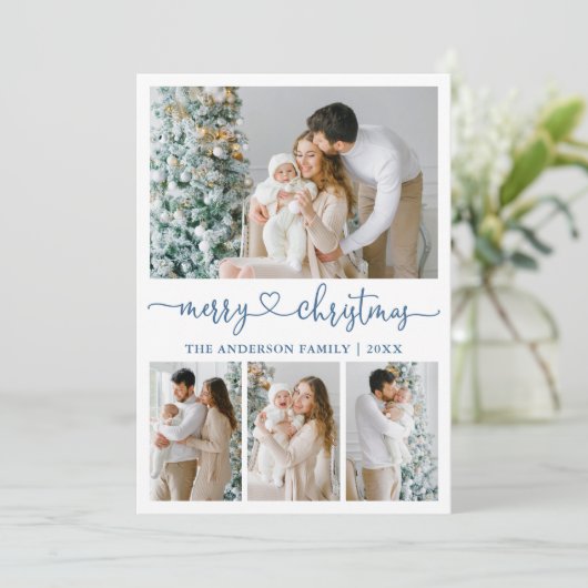 Calligrafie Kerst 4 Foto Dusty Blue Feestdagenkaart (Staand voorkant)