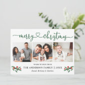 Calligrafie Kerst Holly 3 Fotogroen Feestdagenkaart (Staand voorkant)