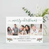 Calligrafie Kerst Kerst Holly 3 Fotogroen Feestdagenkaart (Staand voorkant)