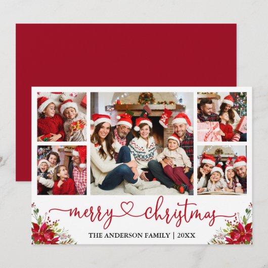 Calligrafie Kerst-kerst Poinsettia 5 Foto Feestdagenkaart (Voorkant / Achterkant)