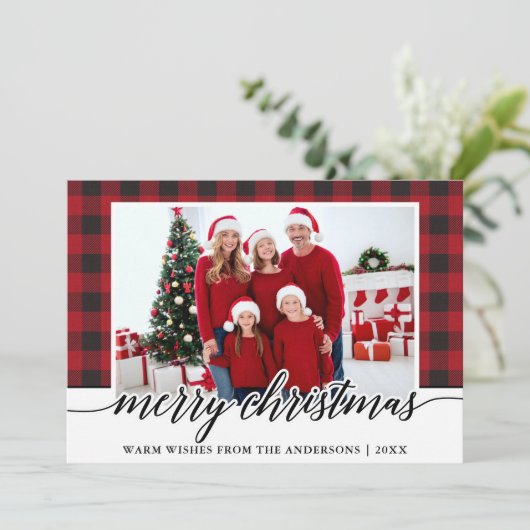Calligrafie Kerst-kerstfamilie Foto Red Pset Feestdagenkaart (Staand voorkant)