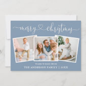 Calligrafie Kerst Kerstmis Blauw 3 Foto Feestdagenkaart (Voorkant)