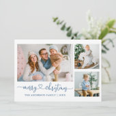 Calligrafie Kerst Script Blue 3 foto Feestdagenkaart (Staand voorkant)