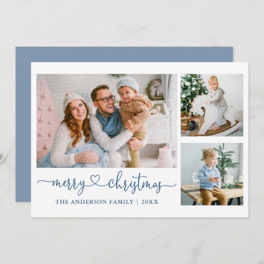 Calligrafie Kerst Script Blue 3 foto Feestdagenkaart (Voorkant / Achterkant)