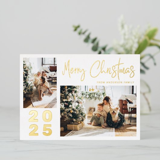 Calligrafie Kerst twee serie Foto Gold Folie Feestdagenkaart (Staand Voorkant)